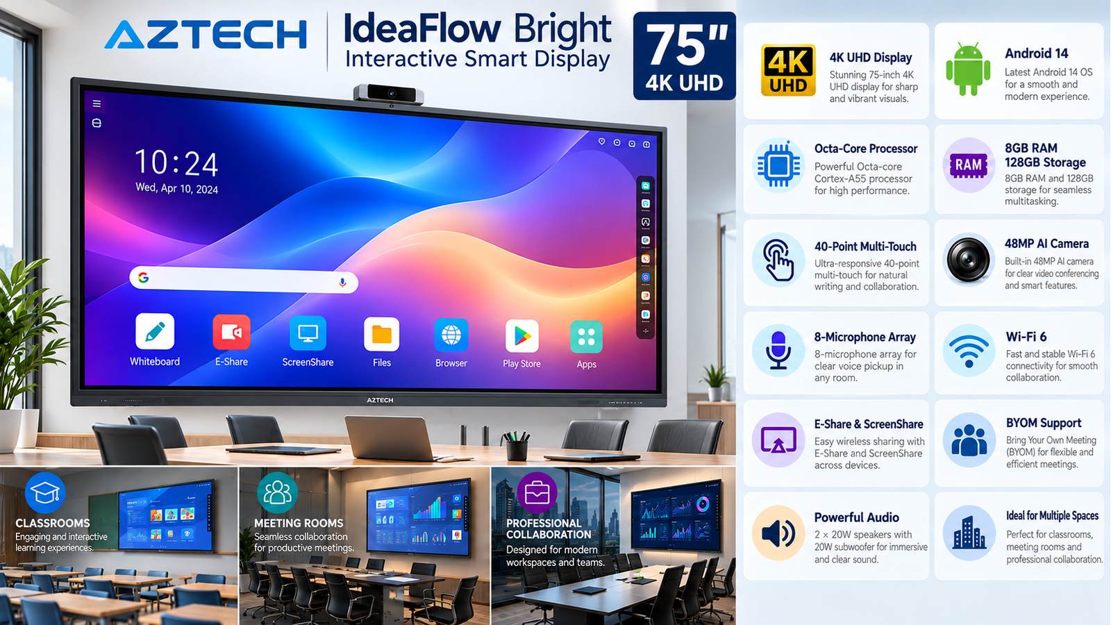 AZTECH IdeaFlow Bright AZ2575-ME01 75-inch 4K UHD Interactive Smart Display, Android 14, Octa-Core Cortex-A55, 8GB RAM, 128GB Storage, 48MP AI Camera, 40-Point Touch, Wi-Fi 6, BYOM, E-Share, ScreenShare, Black with Warranty 